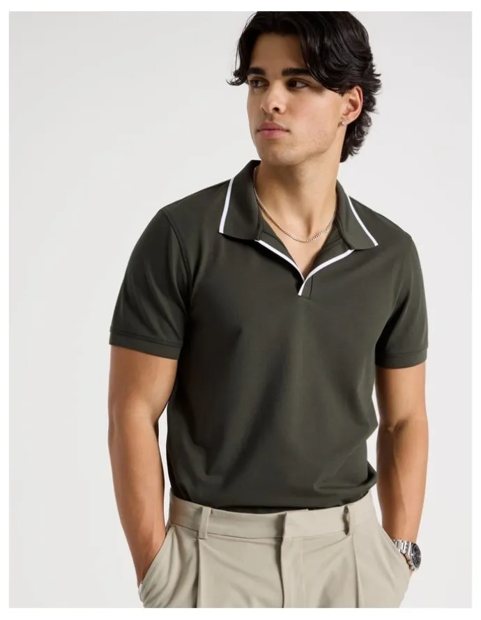 Blaq Contrast Tipping Open Collar Short Sleeve Polo in Khaki