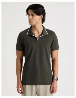 Blaq Contrast Tipping Open Collar Short Sleeve Polo in Khaki