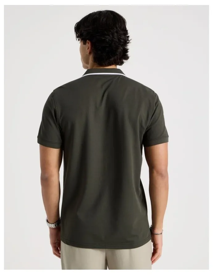 Blaq Contrast Tipping Open Collar Short Sleeve Polo in Khaki