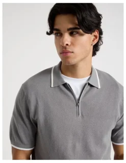 Blaq Cotton Silk Blend Zip Short Sleeve Polo in Grey