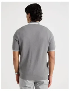 Blaq Cotton Silk Blend Zip Short Sleeve Polo in Grey