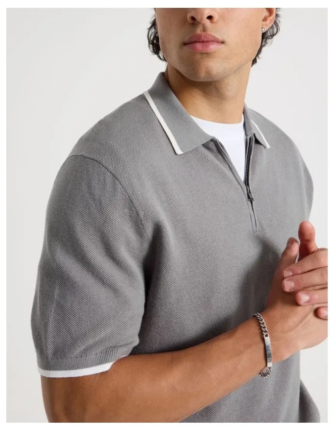Blaq Cotton Silk Blend Zip Short Sleeve Polo in Grey