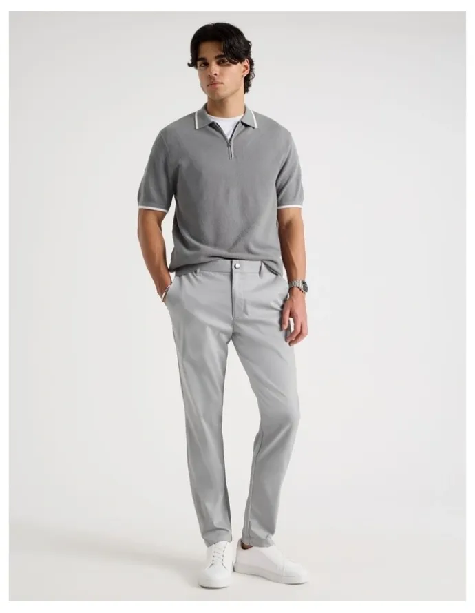 Blaq Cotton Silk Blend Zip Short Sleeve Polo in Grey