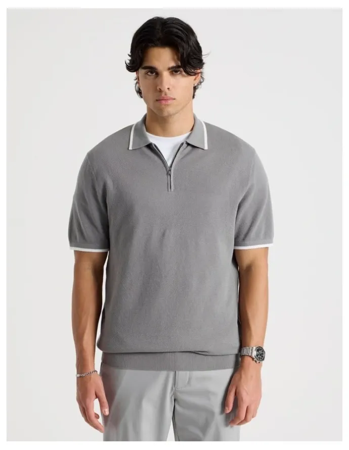 Blaq Cotton Silk Blend Zip Short Sleeve Polo in Grey