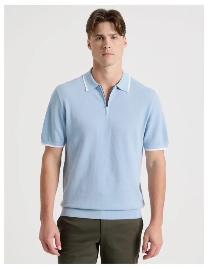 Blaq Cotton Silk Blend Zip Short Sleeve Polo in Light Blue