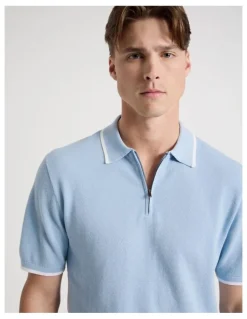 Blaq Cotton Silk Blend Zip Short Sleeve Polo in Light Blue