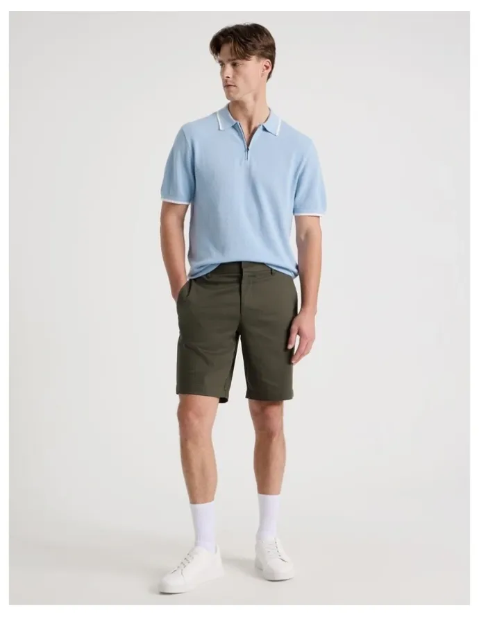 Blaq Cotton Silk Blend Zip Short Sleeve Polo in Light Blue
