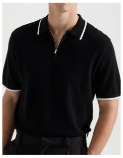 Blaq Cotton Silk Blend Zip Short Sleeve Polo in Black
