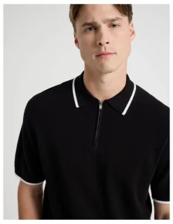 Blaq Cotton Silk Blend Zip Short Sleeve Polo in Black