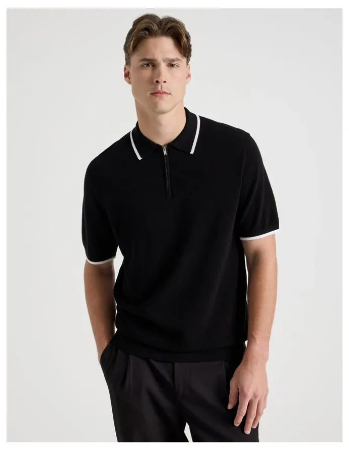 Blaq Cotton Silk Blend Zip Short Sleeve Polo in Black