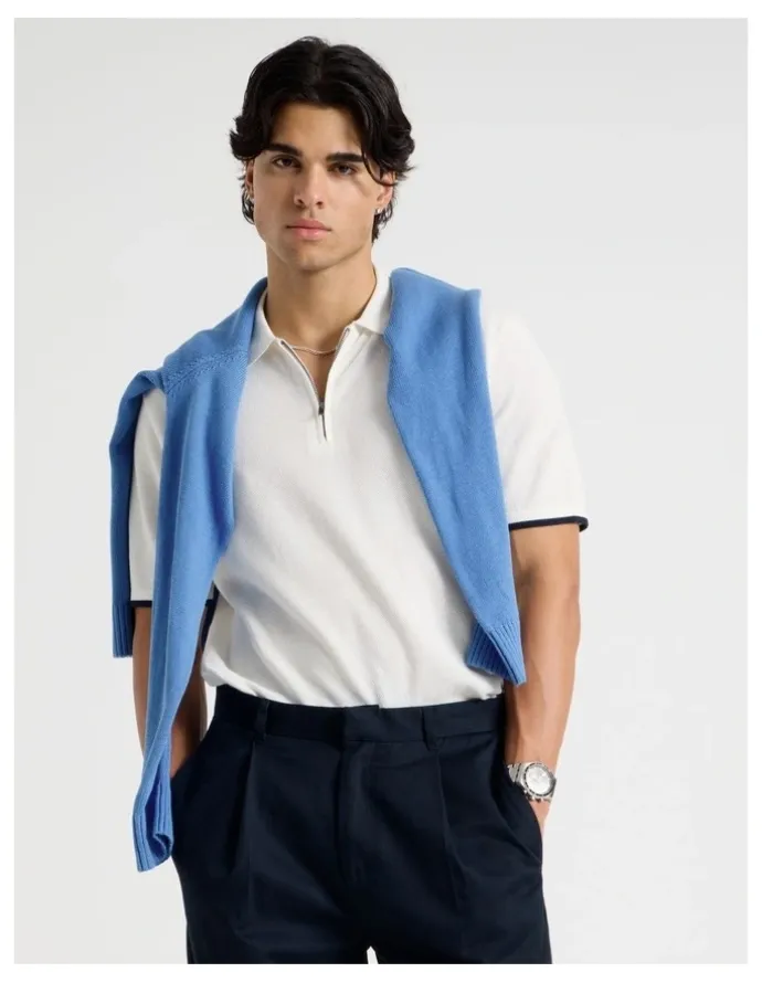 Blaq Cotton Silk Blend Zip Short Sleeve Polo in Ecru