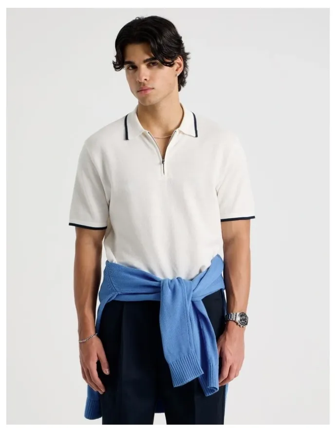 Blaq Cotton Silk Blend Zip Short Sleeve Polo in Ecru