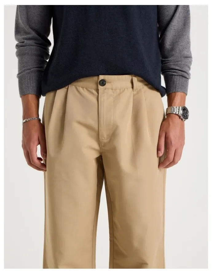 Blaq Double Pleat Tapered Fit Pants in Beige
