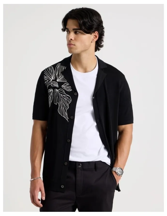 Blaq Embroidered Knit Short Sleeve Shirt in Black