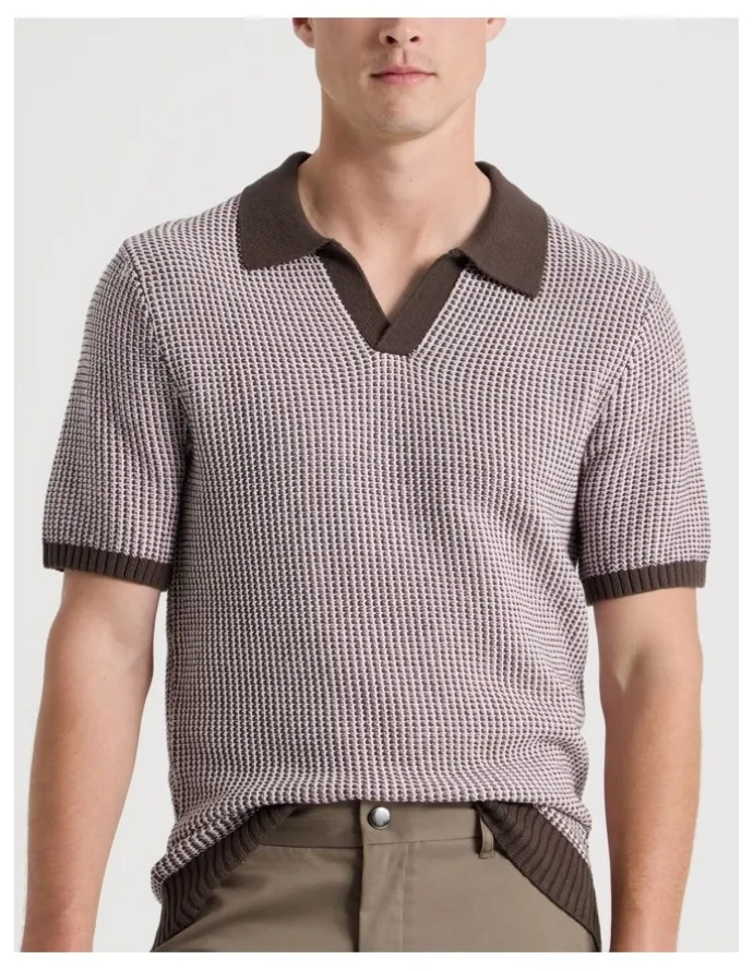 Blaq Geo Stitch Open Collar Knit Polo in Chocolate