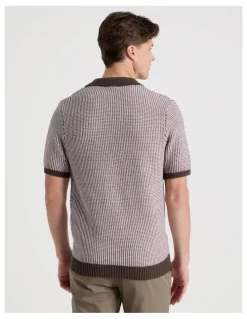 Blaq Geo Stitch Open Collar Knit Polo in Chocolate