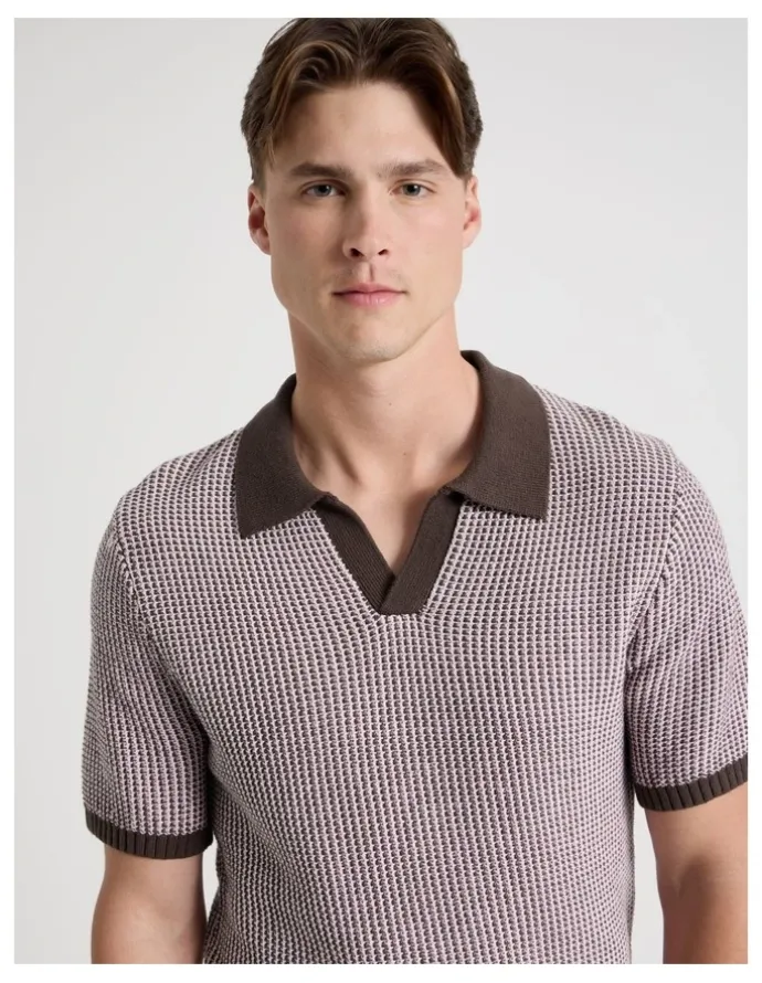 Blaq Geo Stitch Open Collar Knit Polo in Chocolate