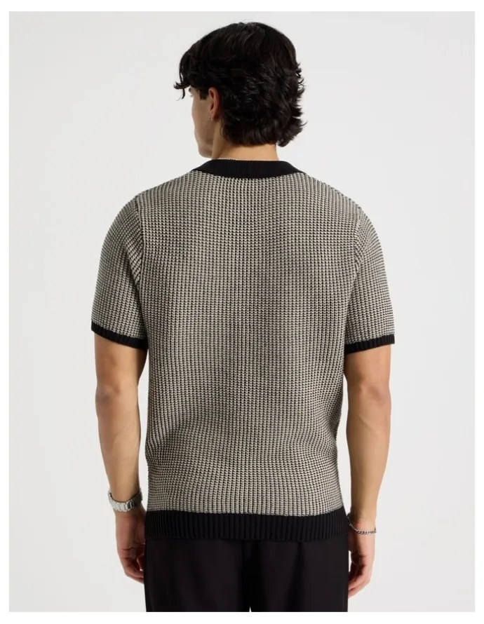 Blaq Geo Stitch Open Collar Knit Polo in Black