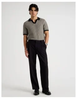 Blaq Geo Stitch Open Collar Knit Polo in Black