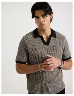 Blaq Geo Stitch Open Collar Knit Polo in Black