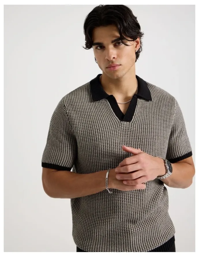 Blaq Geo Stitch Open Collar Knit Polo in Black