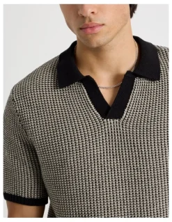 Blaq Geo Stitch Open Collar Knit Polo in Black