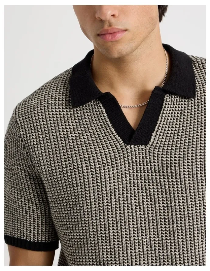 Blaq Geo Stitch Open Collar Knit Polo in Black