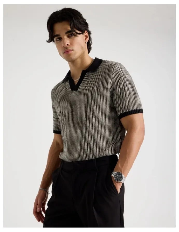 Blaq Geo Stitch Open Collar Knit Polo in Black