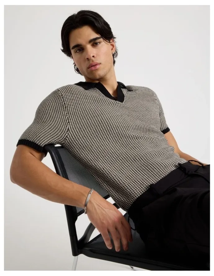 Blaq Geo Stitch Open Collar Knit Polo in Black