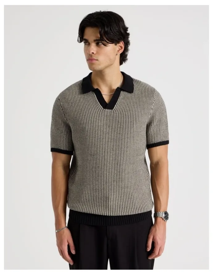 Blaq Geo Stitch Open Collar Knit Polo in Black