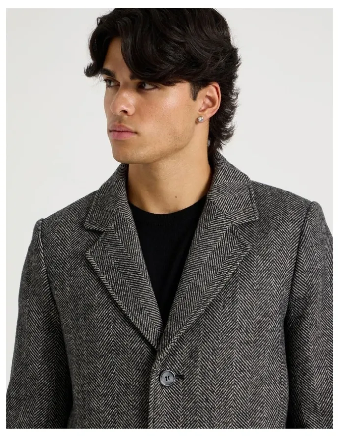 Blaq Herringbone Wool Blend Coat in Grey