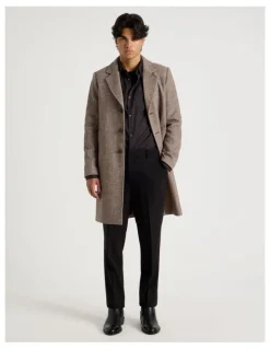 Blaq Herringbone Wool Blend Coat in Brown