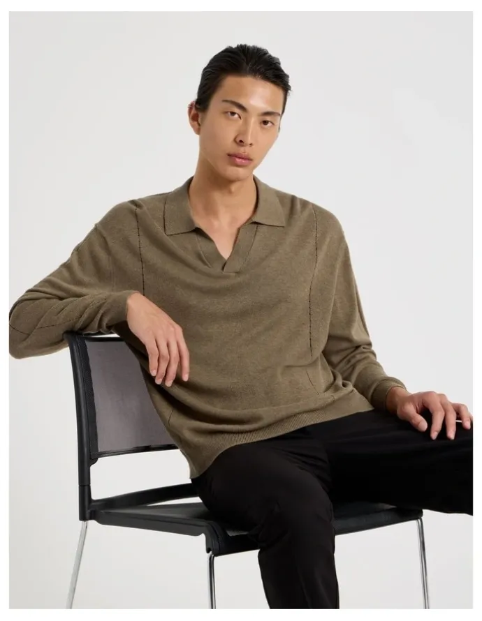 Blaq Johnny Collar Long Sleeve Knit Polo in Beige
