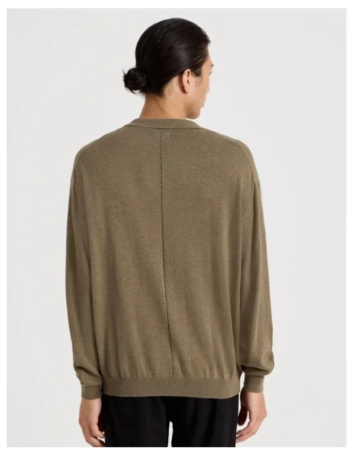 Blaq Johnny Collar Long Sleeve Knit Polo in Beige