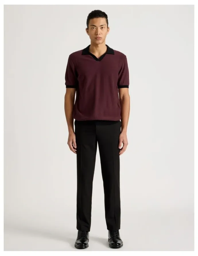 Blaq Johnny Collar Short Sleeve Knit Polo in Burgundy