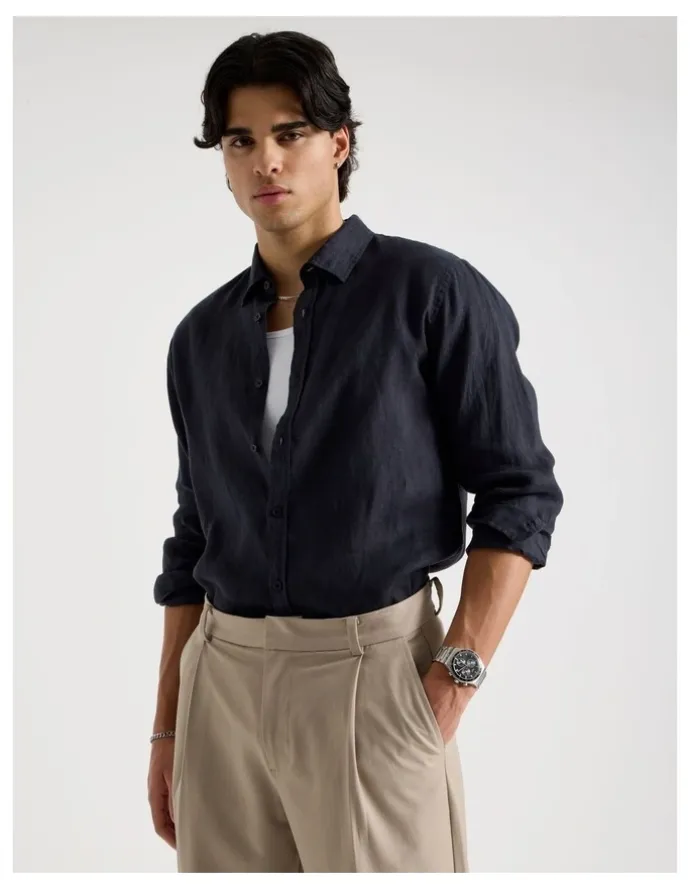 Blaq Linen Long Sleeve Shirt in Navy