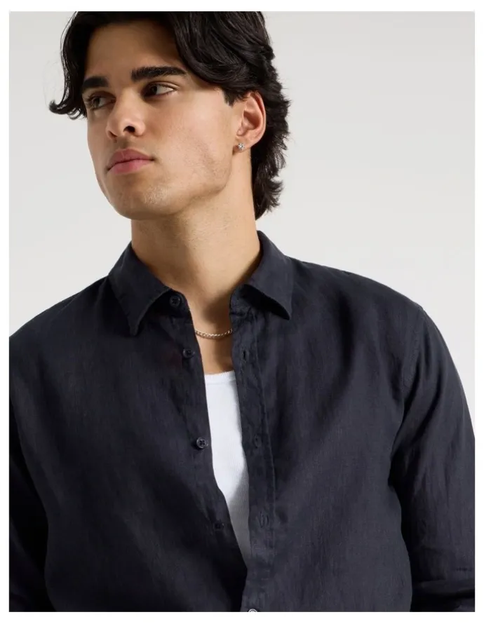 Blaq Linen Long Sleeve Shirt in Navy