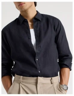 Blaq Linen Long Sleeve Shirt in Navy