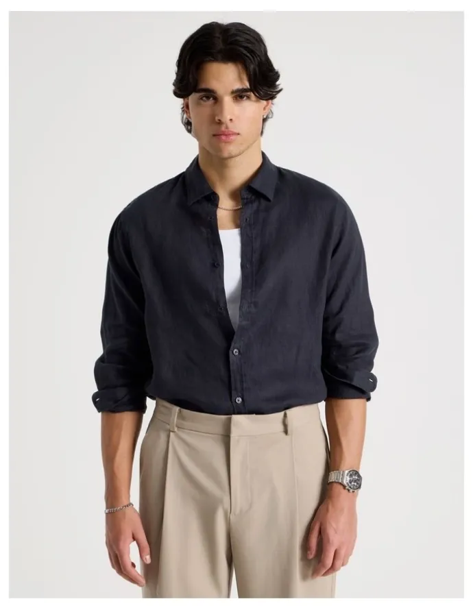 Blaq Linen Long Sleeve Shirt in Navy