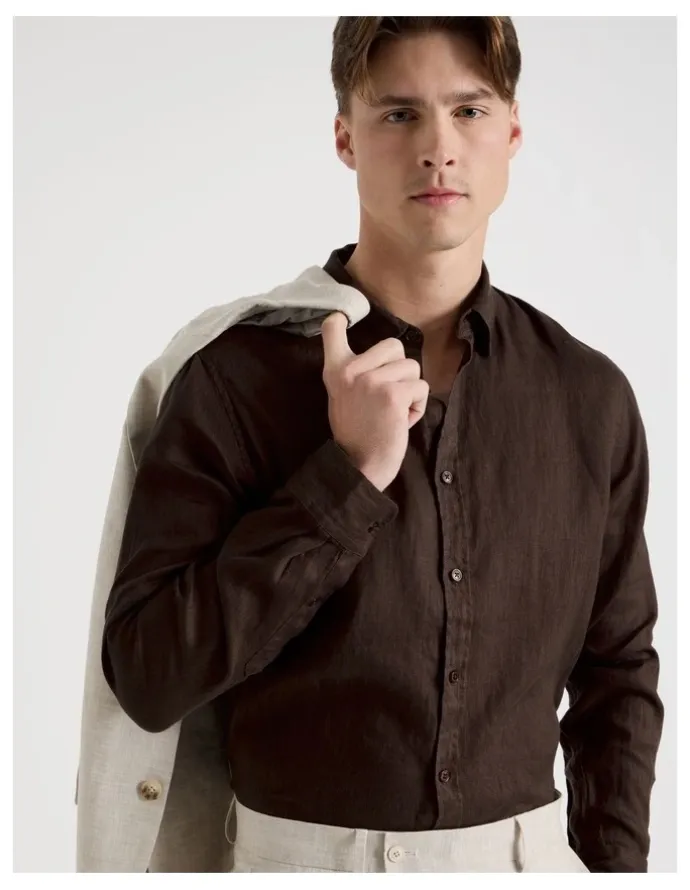 Blaq Linen Long Sleeve Shirt in Chocolate