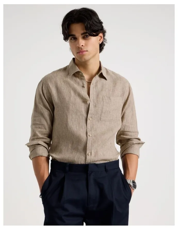 Blaq Linen Stripe Long Sleeve Shirt in Chocolate
