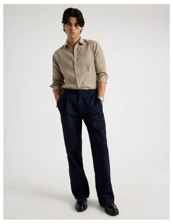 Blaq Linen Stripe Long Sleeve Shirt in Chocolate