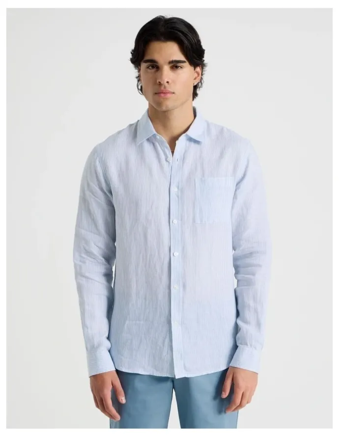 Blaq Linen Stripe Long Sleeve Shirt in Light Blue