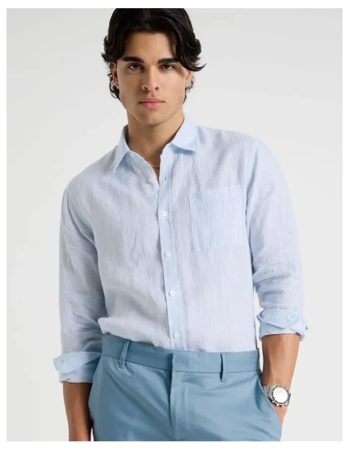 Blaq Linen Stripe Long Sleeve Shirt in Light Blue