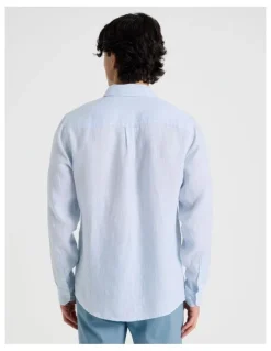 Blaq Linen Stripe Long Sleeve Shirt in Light Blue