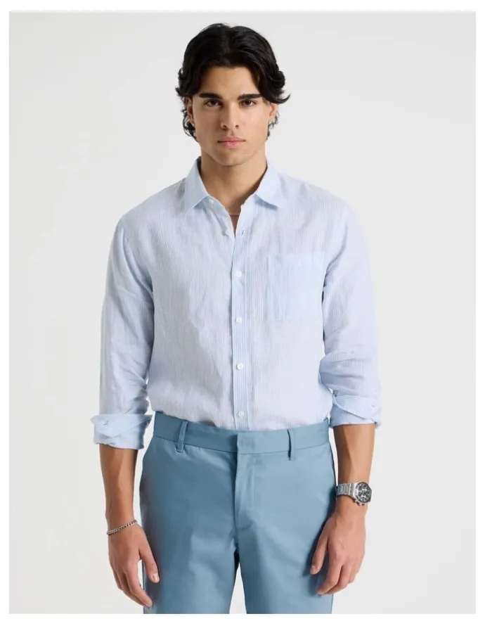 Blaq Linen Stripe Long Sleeve Shirt in Light Blue