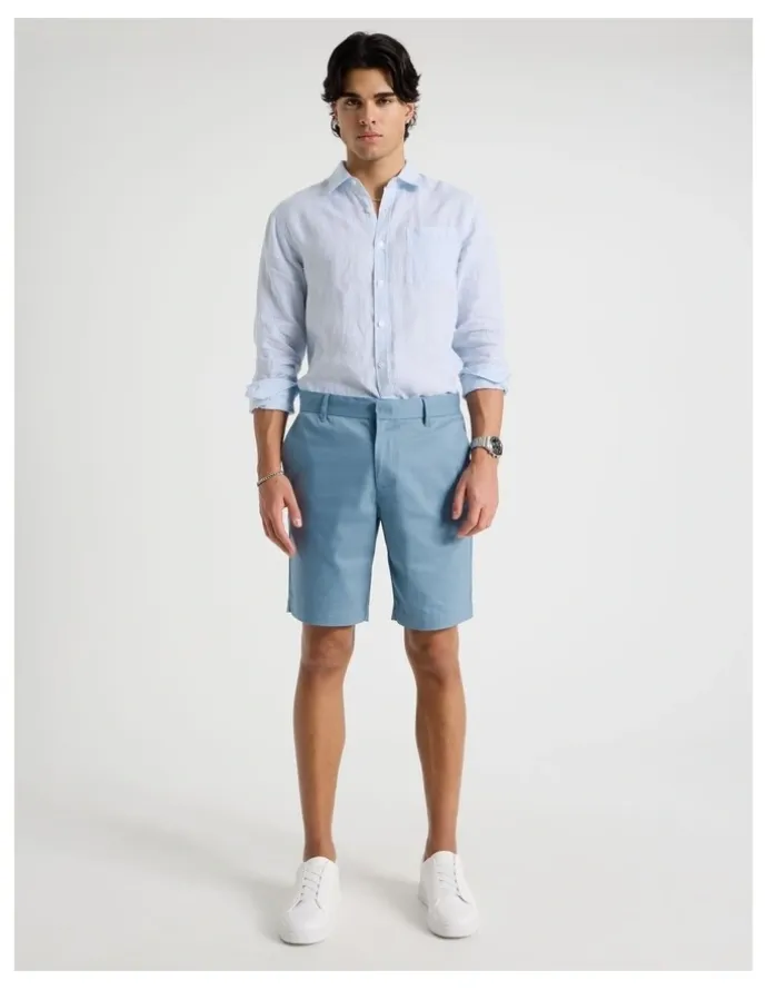 Blaq Linen Stripe Long Sleeve Shirt in Light Blue