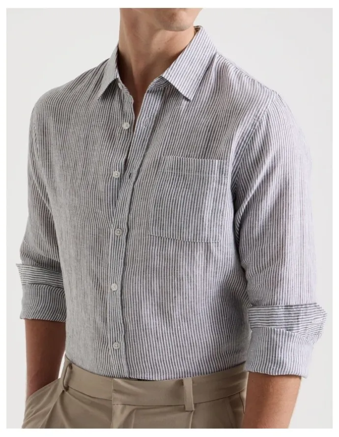 Blaq Linen Stripe Long Sleeve Shirt in Khaki