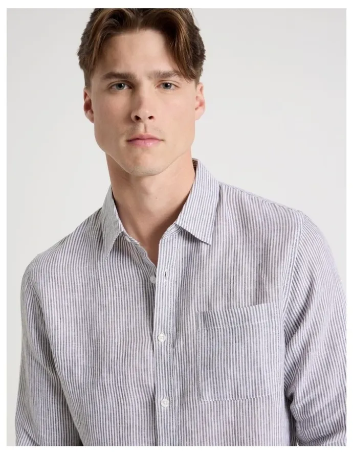 Blaq Linen Stripe Long Sleeve Shirt in Khaki