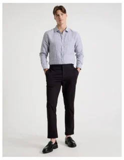 Blaq Linen Stripe Long Sleeve Shirt in Navy